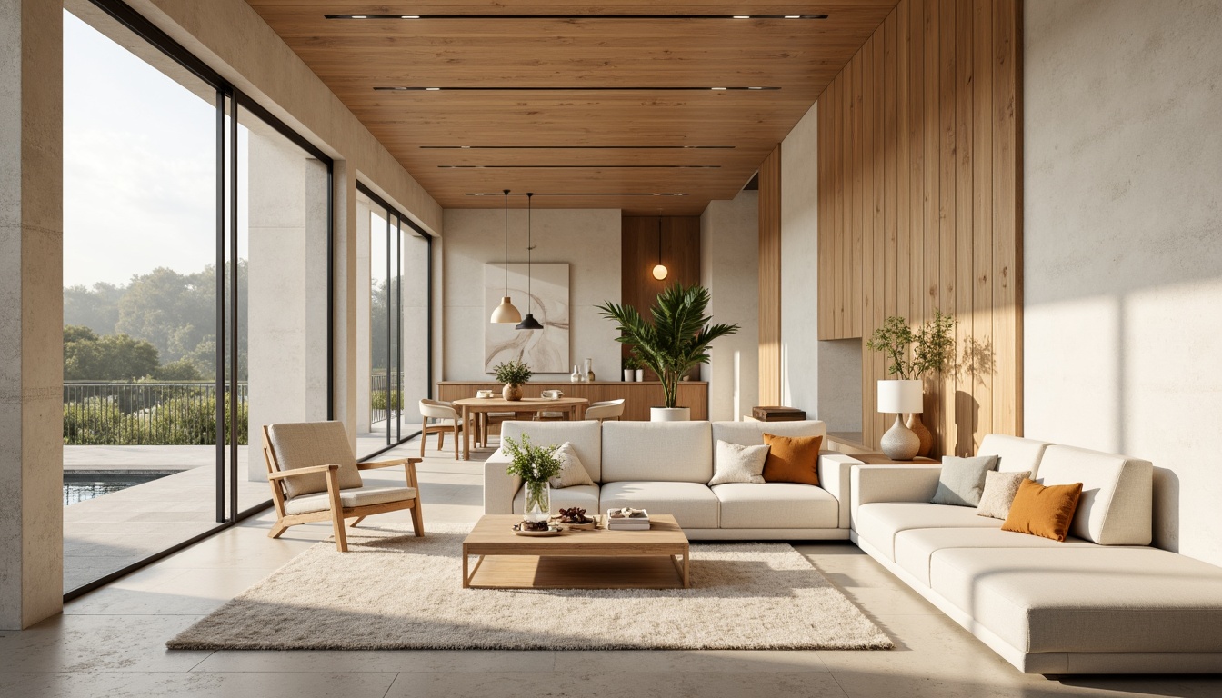 Prompt: Soft Gainsboro walls, warm beige accents, rich wood tones, creamy whites, subtle earthy undertones, natural stone textures, minimalist decor, modern Scandinavian furniture, floor-to-ceiling windows, abundant softbox lighting, shallow depth of field, 1/1 composition, realistic renderings, ambient occlusion.