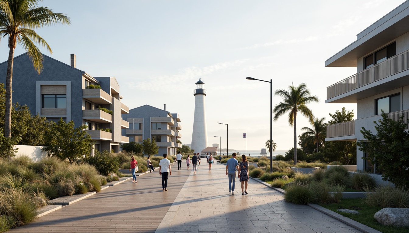 Prompt: Seaside promenade, oceanfront buildings, wave-inspired architecture, beachy vibes, driftwood accents, nautical ropes, sailboat masts, lighthouses, sandy dunes, sea oats, coastal vegetation, salty air, misty mornings, warm sunlight, soft focus, shallow depth of field, 1/2 composition, symmetrical framing, natural textures, ambient occlusion, realistic water effects.