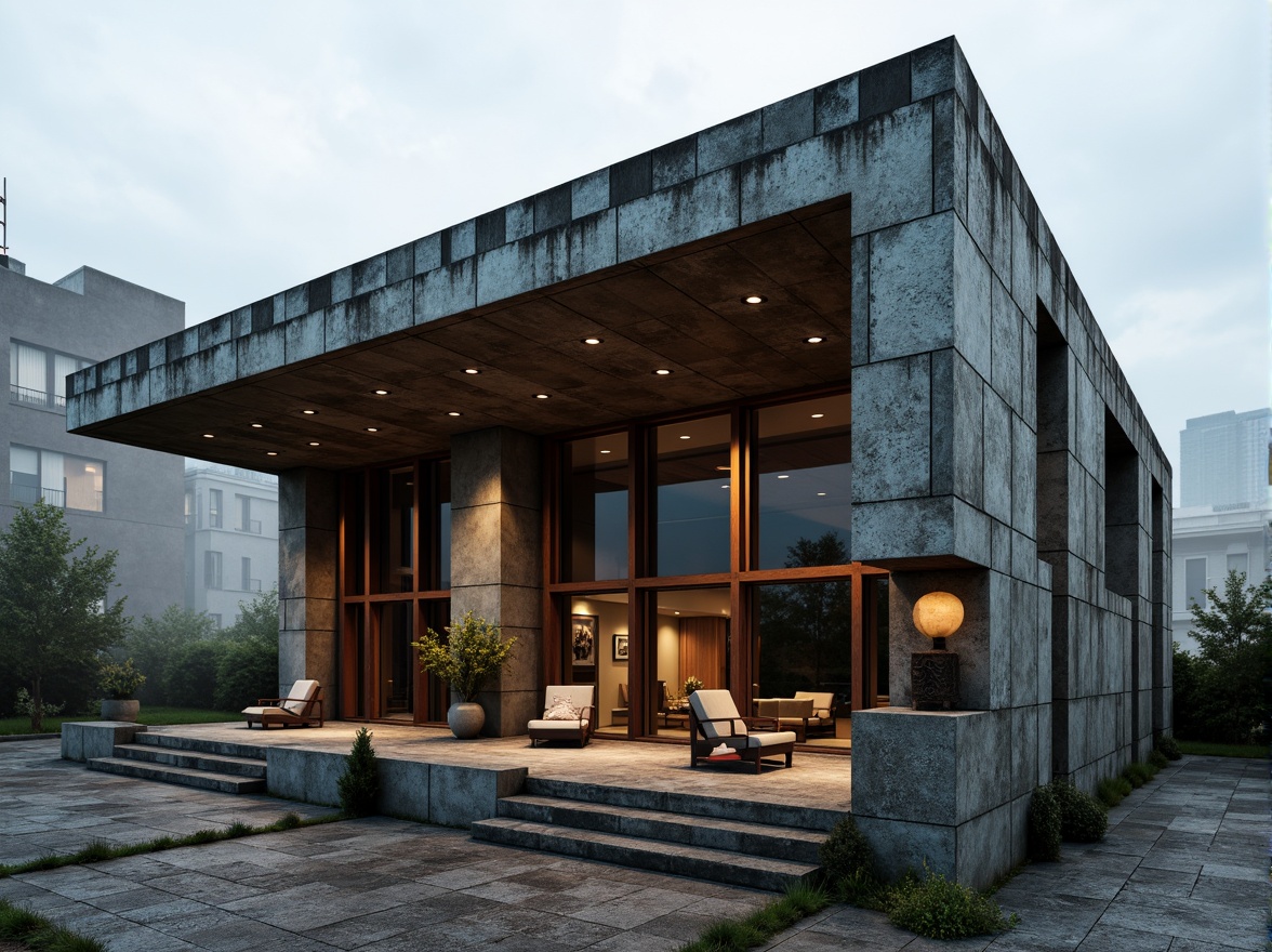 Prompt: Rugged pavilion, brutalist architecture, raw concrete textures, industrial metal accents, bold geometric shapes, earthy color palette, muted grays, weathered wood tones, deep blues, rusty reds, urban landscape, overcast sky, dramatic shadows, high contrast lighting, abstract composition, moody atmosphere, gritty realistic render.