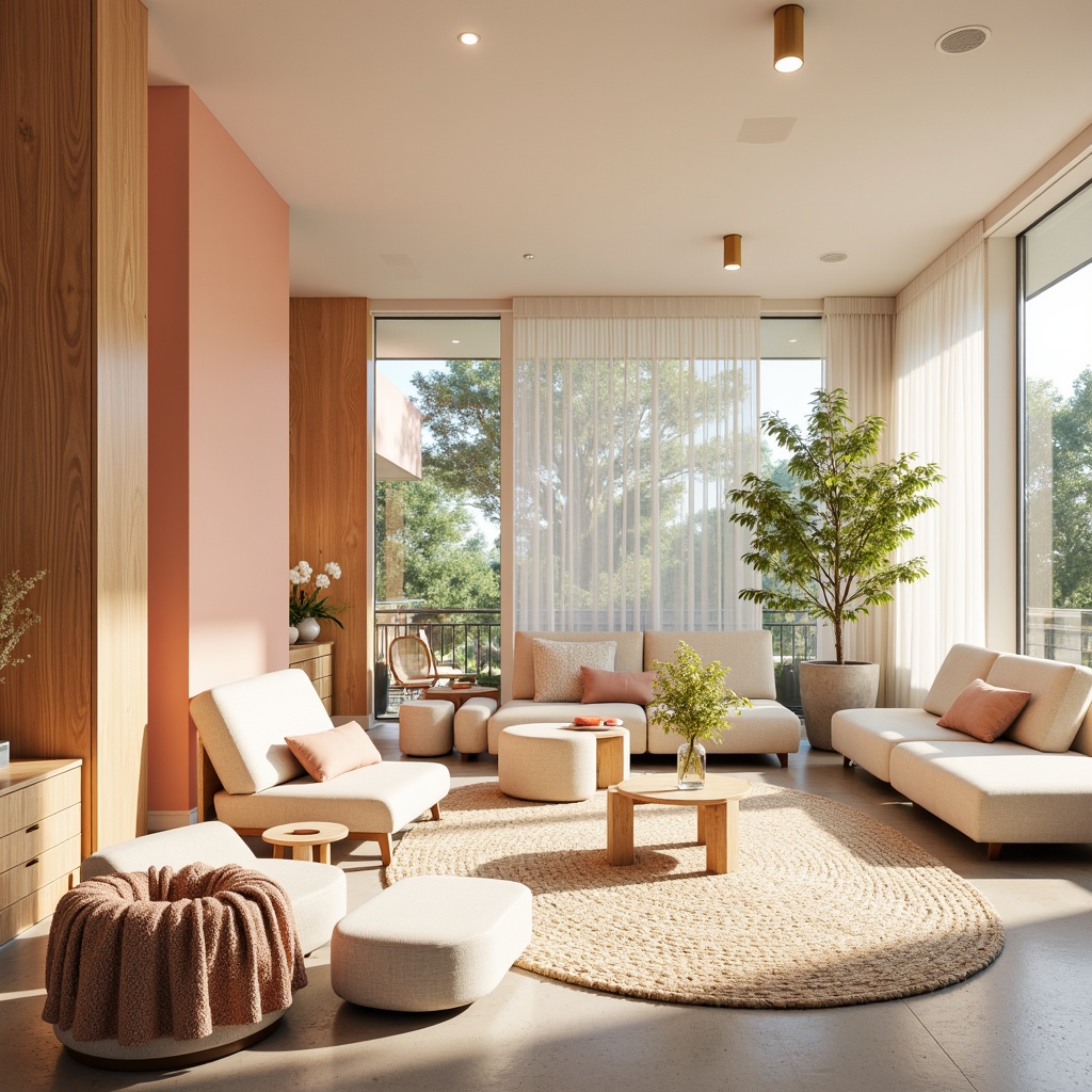 Prompt: Vibrant modern interior, pastel color scheme, soft peach tones, creamy whites, rich wood accents, metallic gold fixtures, natural textiles, plush area rugs, floor-to-ceiling windows, abundant sunlight, warm cozy ambiance, 1/1 composition, shallow depth of field, realistic renderings, ambient occlusion.