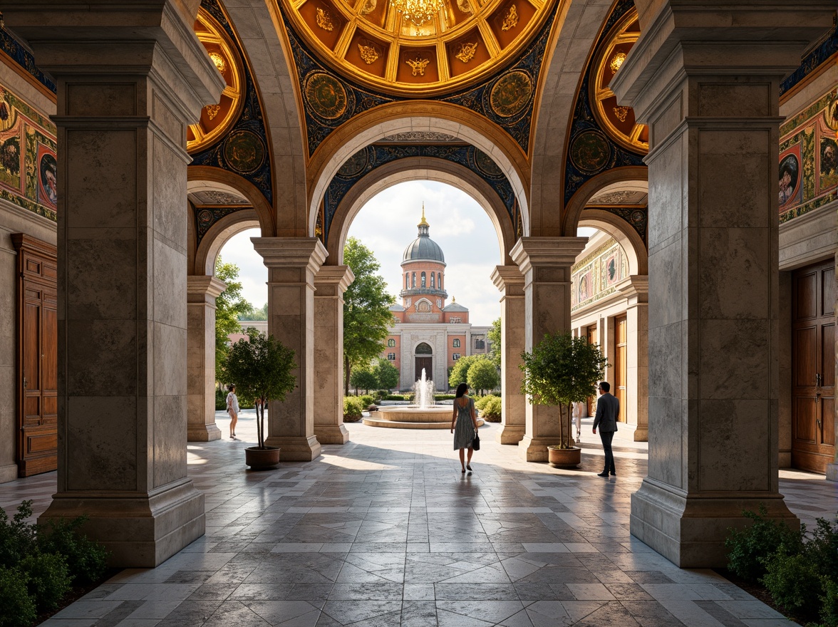 Prompt: Intricate stone carvings, ornate golden domes, majestic archways, grand entrance gates, rustic wooden doors, vibrant mosaic patterns, richly textured stonework, Byzantine-inspired frescoes, serene courtyard gardens, tranquil fountain features, soft warm lighting, shallow depth of field, 3/4 composition, panoramic view, realistic textures, ambient occlusion.