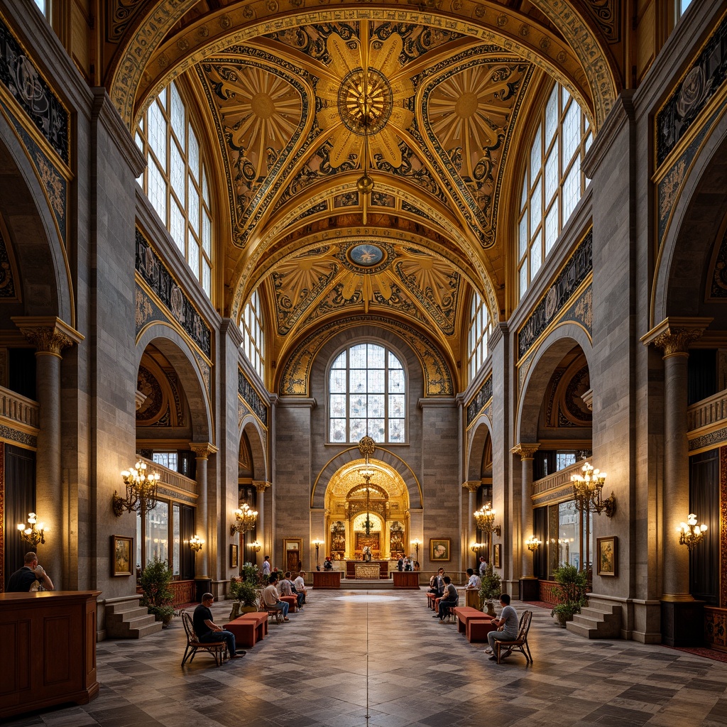 Prompt: Golden dome, ornate mosaics, intricate stone carvings, Byzantine architectural style, grand cathedral interior, high ceilings, vaulted arches, ornate chandeliers, stained glass windows, marble floors, richly patterned textiles, warm soft lighting, shallow depth of field, 1/1 composition, symmetrical view, realistic textures, ambient occlusion.