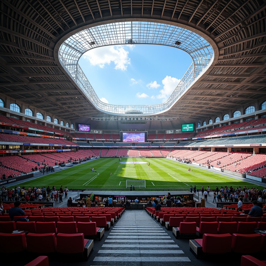 Prompt: Modern soccer stadium interior, sleek curved lines, vibrant team colors, polished concrete floors, retractable seating, state-of-the-art scoreboards, LED lighting systems, spacious concourses, food and beverage vendors, souvenir shops, VIP lounges, luxurious suites, panoramic views of the pitch, natural light pouring in through skylights, dynamic architectural design, futuristic ambiance, high-tech audio systems, energetic atmosphere, dramatic spotlights, shallow depth of field, 1/2 composition, realistic textures, ambient occlusion.