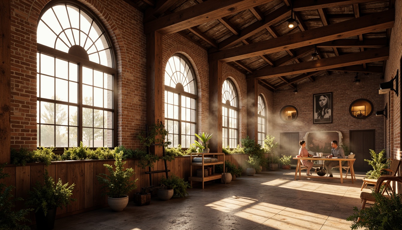 Prompt: Rustic warehouse interior, exposed brick walls, wooden beam ceilings, industrial metal frames, innovative windows with Romanesque arches, stained glass panels, ornate ironwork details, warm golden lighting, shallow depth of field, 1/1 composition, realistic textures, ambient occlusion, distressed wood accents, vintage machinery displays, eclectic decorative artifacts, earthy color palette, soft natural light, atmospheric misting effects.