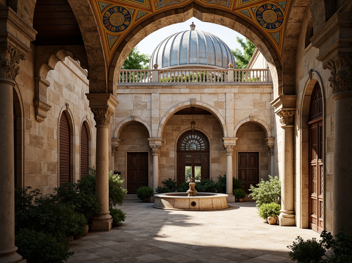 Prompt: Intricate stone carvings, ornate arches, grand domes, golden mosaics, vibrant frescoes, rustic brick walls, weathered wooden doors, ornamental ironwork, mystical symbols, serene courtyard, lush greenery, tranquil fountain, soft warm lighting, shallow depth of field, 3/4 composition, panoramic view, realistic textures, ambient occlusion.