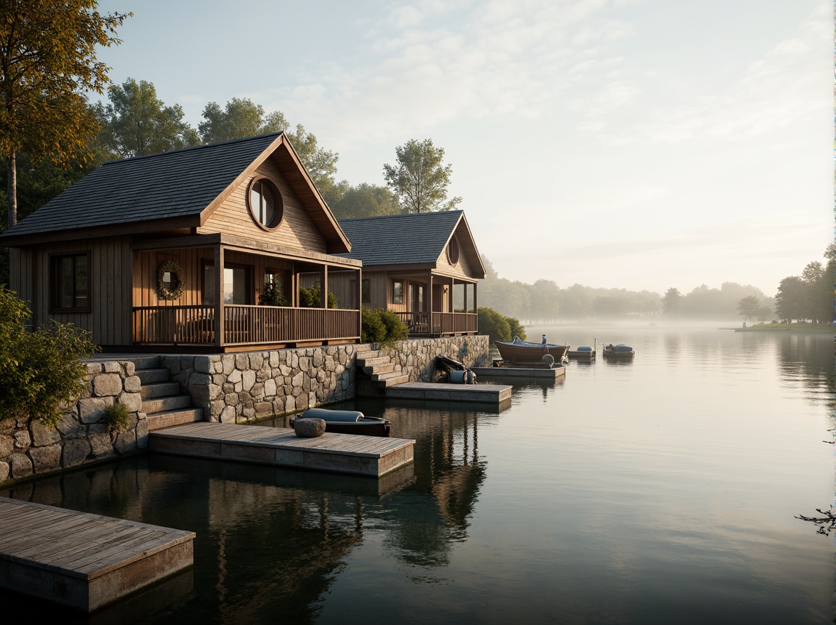 Prompt: Waterfront location, serene lake views, wooden dock, rustic boathouse, natural stone foundation, wooden accents, nautical decorations, porthole windows, curved rooflines, weathered wood textures, soft warm lighting, misty morning atmosphere, shallow depth of field, 1/1 composition, realistic water reflections, ambient occlusion.