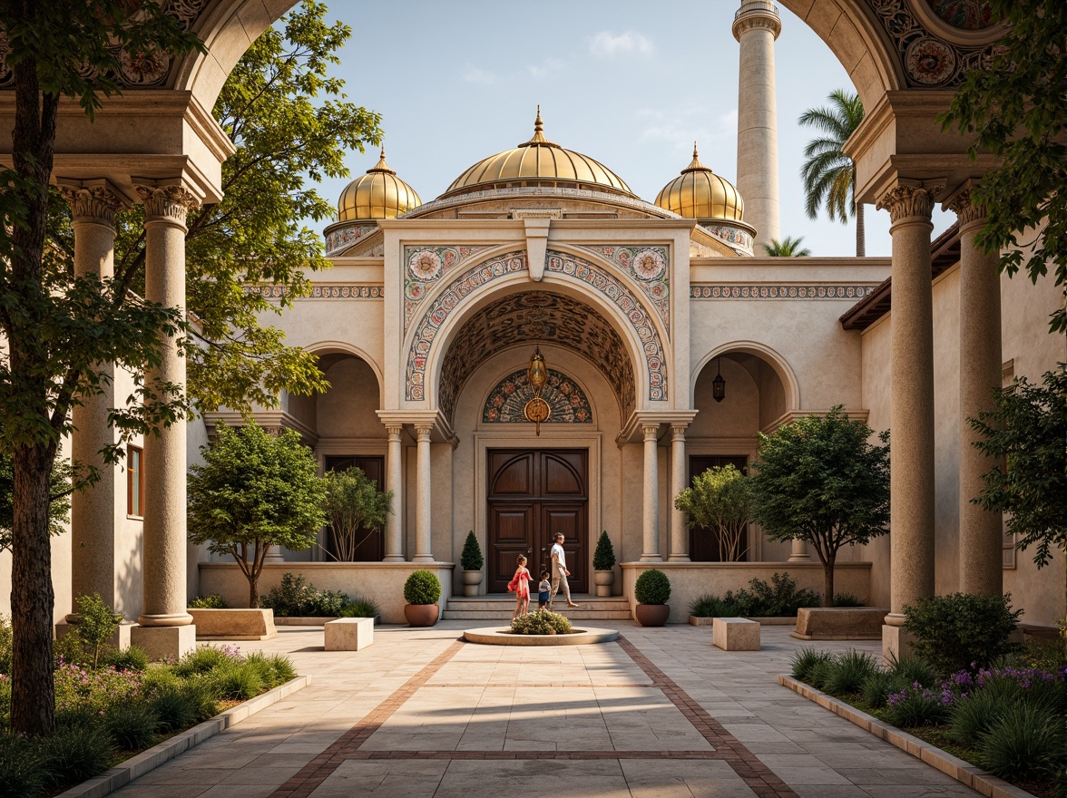 Prompt: Intricate stone carvings, ornate golden domes, majestic archways, grand entrance gates, rustic wooden doors, vibrant mosaic patterns, richly textured stonework, Byzantine-inspired frescoes, serene courtyard gardens, tranquil fountain features, soft warm lighting, shallow depth of field, 3/4 composition, panoramic view, realistic textures, ambient occlusion.