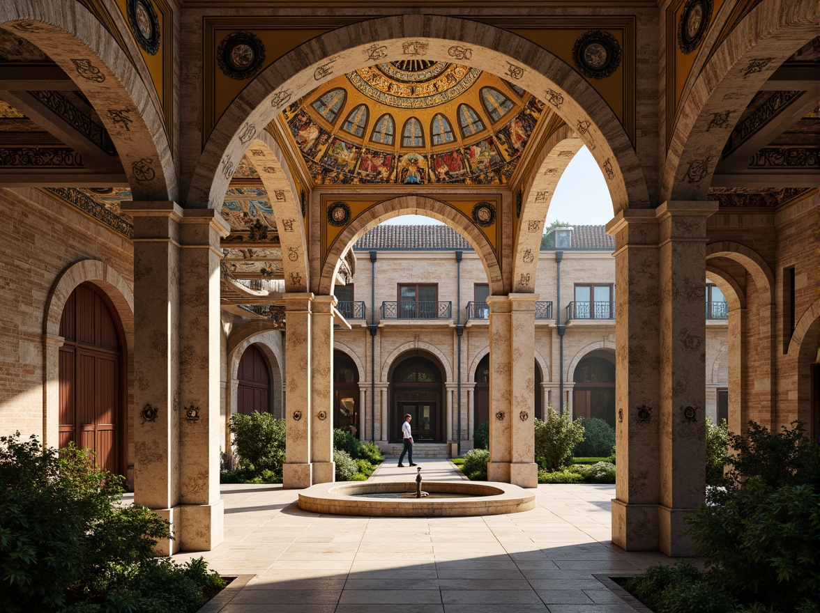 Prompt: Intricate stone carvings, ornate arches, grand domes, golden mosaics, vibrant frescoes, rustic brick walls, weathered wooden doors, ornamental ironwork, mystical symbols, serene courtyard, lush greenery, tranquil fountain, soft warm lighting, shallow depth of field, 3/4 composition, panoramic view, realistic textures, ambient occlusion.