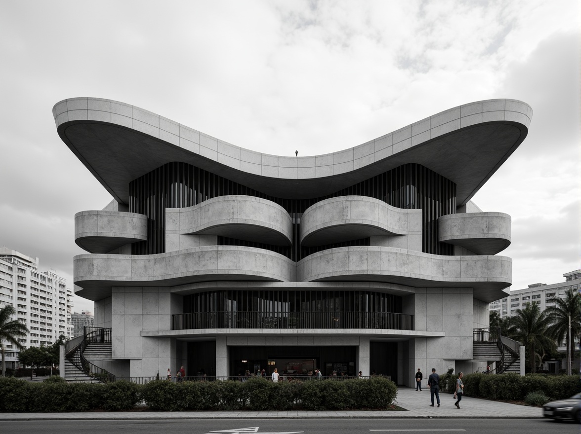 Prompt: Rugged concert house facade, brutalist architecture style, raw concrete textures, fortress-like structure, asymmetrical composition, dramatic cantilevered roofs, industrial metal accents, minimalist ornamentation, bold geometric forms, monochromatic color scheme, urban cityscape background, cloudy overcast sky, high-contrast lighting, deep shadows, 1/2 composition, cinematic camera angle, gritty realistic rendering.