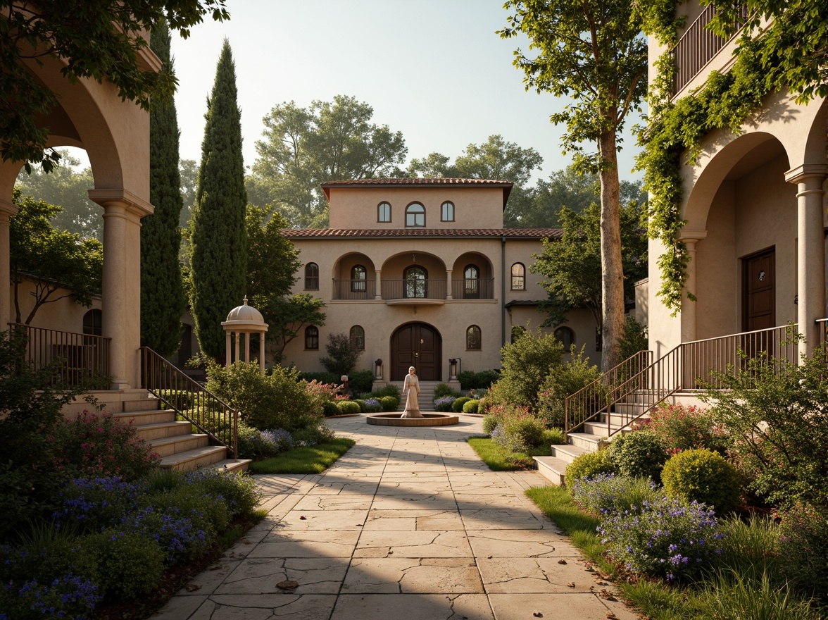 Prompt: Lush Italian gardens, ornate fountains, grand staircases, Tuscan columns, archways, domed roofs, rustic stone walls, vine-covered trellises, blooming flowers, serene water features, natural stone pathways, classical sculptures, Baroque-inspired ornaments, warm golden lighting, soft focus, 1/2 composition, atmospheric perspective, realistic textures, ambient occlusion.