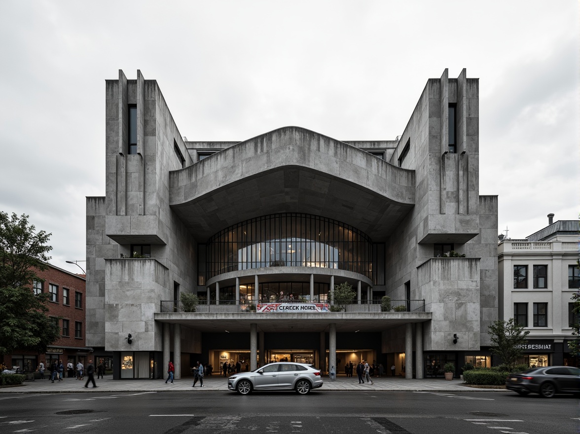 Prompt: Rugged concert house facade, brutalist architecture style, raw concrete textures, fortress-like structure, asymmetrical composition, dramatic cantilevered roofs, industrial metal accents, minimalist ornamentation, bold geometric forms, monochromatic color scheme, urban cityscape background, cloudy overcast sky, high-contrast lighting, deep shadows, 1/2 composition, cinematic camera angle, gritty realistic rendering.