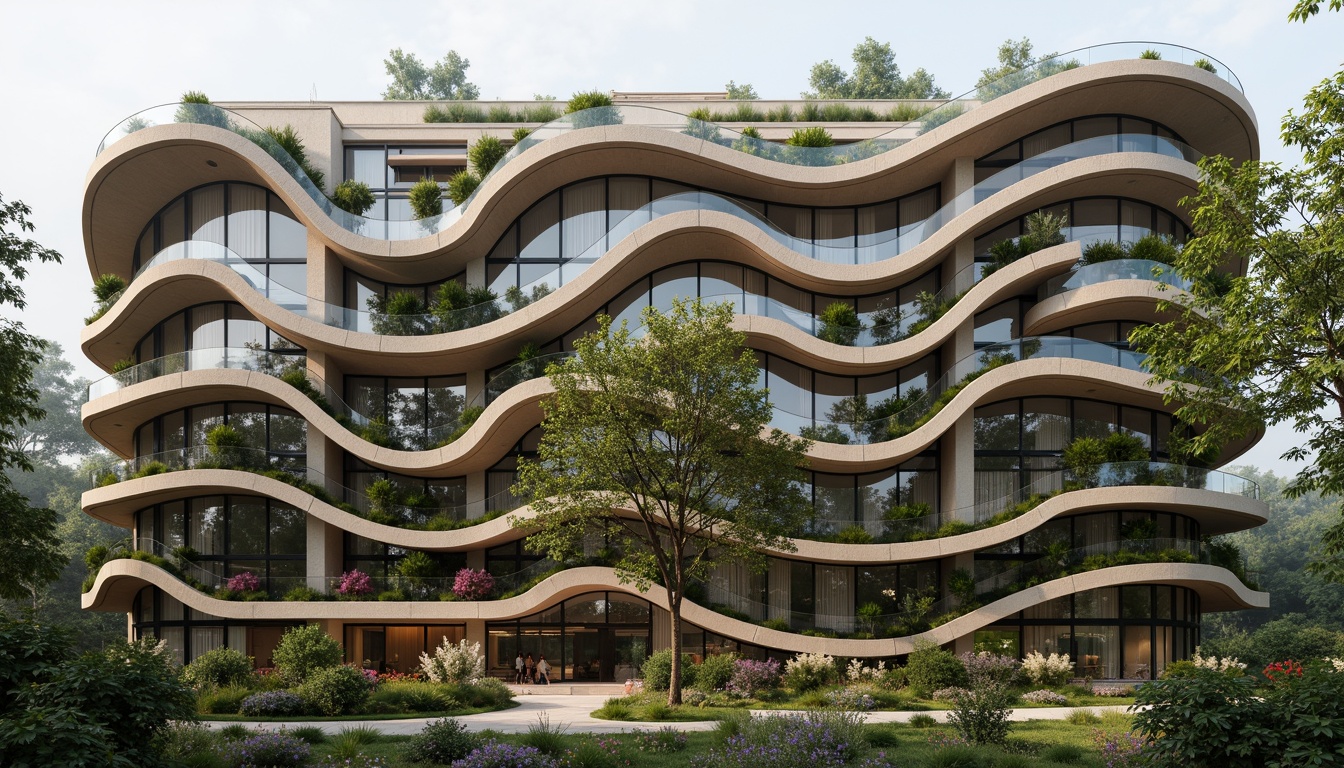 Prompt: Organic building facade, wavy lines, natural stone cladding, green walls, living roofs, blooming flowers, curved shapes, earthy tones, wooden accents, cantilevered structures, asymmetrical composition, soft diffused lighting, misty atmosphere, 1/1 ratio, intimate scale, harmonious integration with surroundings, sustainable materials, eco-friendly systems, rainwater harvesting, solar panels, natural ventilation, organic textures, intricate patterns inspired by nature.