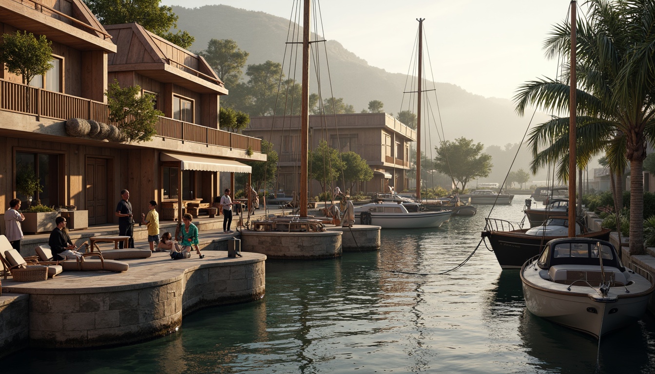 Prompt: Winding waterfront, rustic wooden docks, sailboats and yachts, nautical ropes and anchors, curved rooflines, undulating balconies, wavy railings, wooden shutters, earthy color palette, natural stone foundations, weathered wood textures, soft warm lighting, misty morning atmosphere, shallow depth of field, 1/2 composition, realistic water reflections, ambient occlusion.