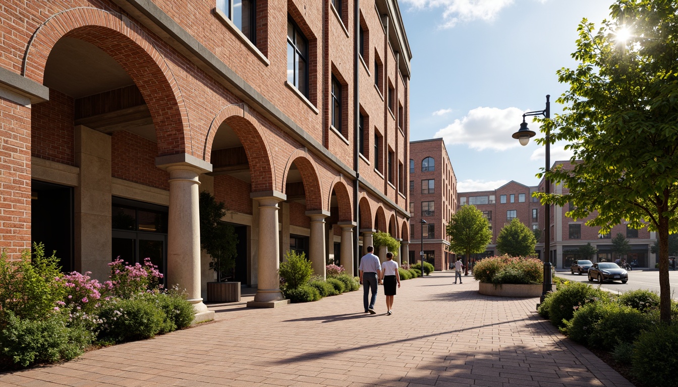 Prompt: Rustic brick facade, earthy tones, textured masonry, ornate archways, grand entranceways, classic columns, vintage street lamps, charming pedestrian walkways, lush greenery, blooming flowers, warm sunny day, soft natural lighting, shallow depth of field, 3/4 composition, realistic textures, ambient occlusion.