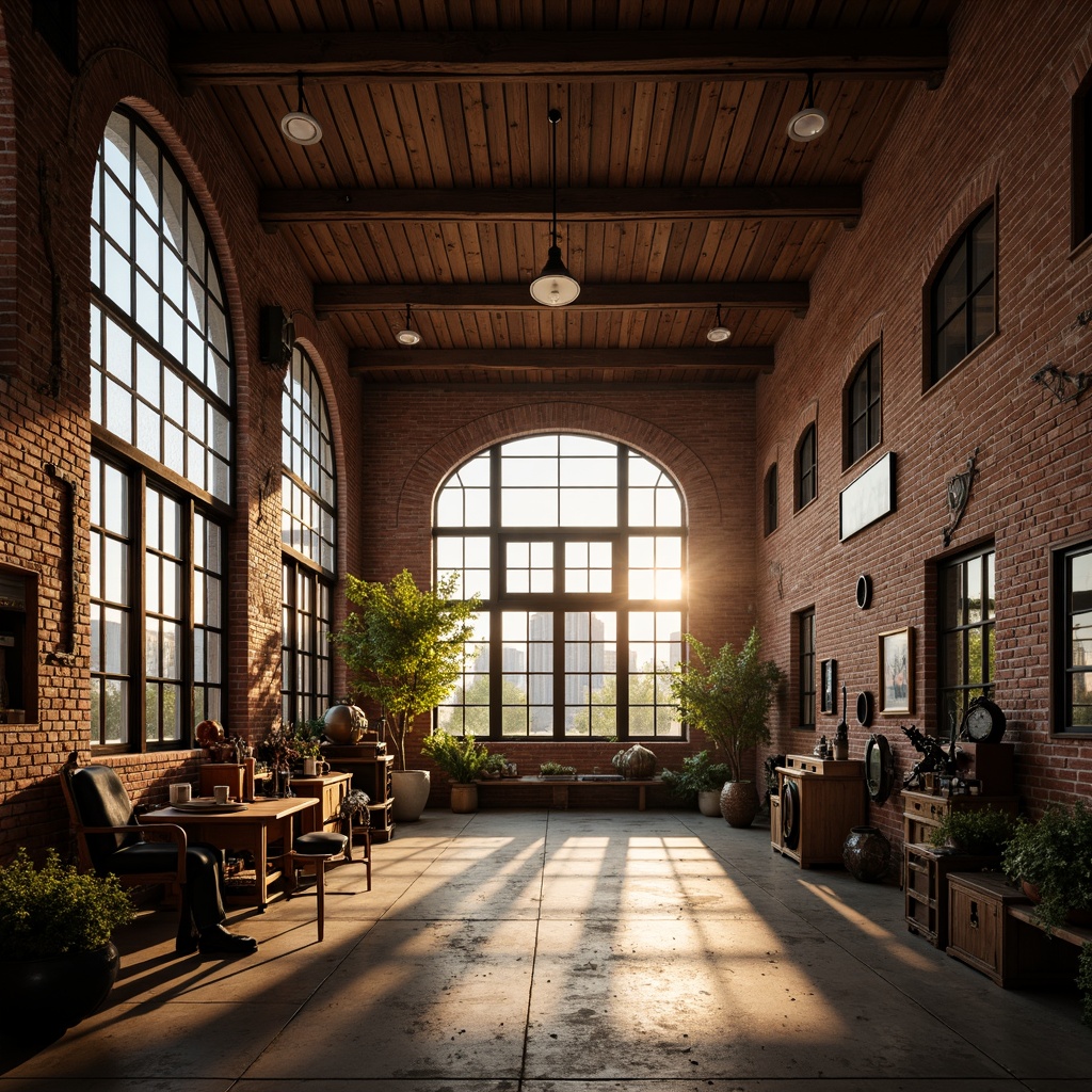 Prompt: Rustic warehouse interior, exposed brick walls, wooden beam ceilings, industrial metal frames, innovative windows with Romanesque arches, stained glass panels, ornate ironwork details, warm golden lighting, shallow depth of field, 1/1 composition, realistic textures, ambient occlusion, distressed wood accents, vintage machinery displays, eclectic decorative artifacts, earthy color palette, soft natural light, atmospheric misting effects.