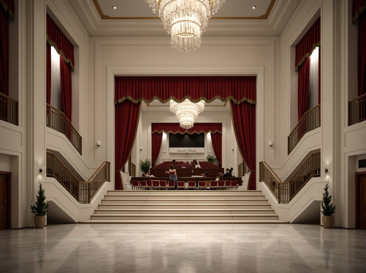 Prompt: Elegant opera house, minimalist architecture, neutral color palette, creamy whites, soft grays, rich blacks, subtle gold accents, ornate details, grand chandeliers, sweeping staircases, luxurious red velvet curtains, polished marble floors, dramatic spotlights, warm ambient lighting, shallow depth of field, 1/1 composition, symmetrical framing, realistic textures, subtle reflections.