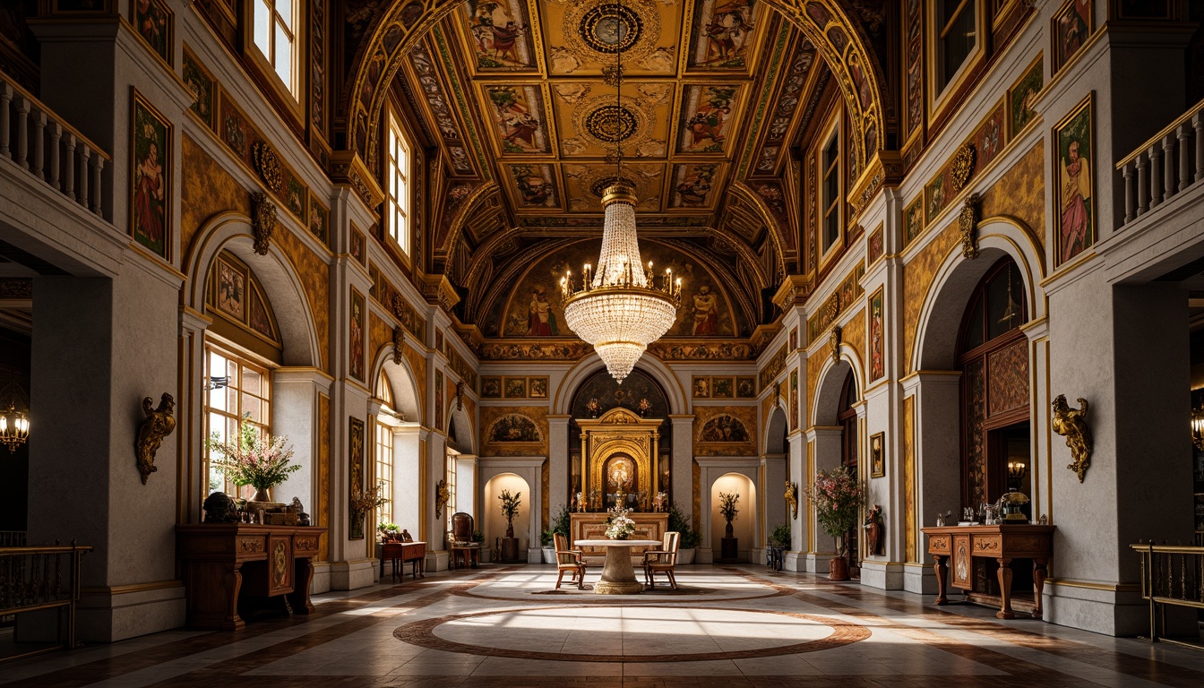 Prompt: Intricate mosaics, golden domes, ornate chandeliers, marble floors, vaulted ceilings, grand archways, rich tapestries, ornamental icons, lavish altarpieces, intricate carvings, polished stone columns, dim warm lighting, soft shadows, atmospheric ambiance, 1/1 composition, symmetrical framing, realistic textures, ambient occlusion.