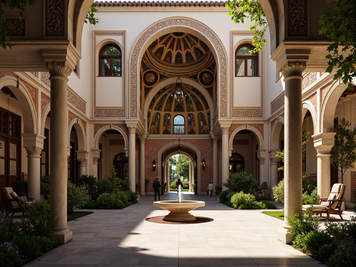 Prompt: Intricate stone carvings, ornate arches, grand domes, golden mosaics, vibrant frescoes, rustic brick walls, weathered wooden doors, ornamental ironwork, mystical symbols, serene courtyard, lush greenery, tranquil fountain, soft warm lighting, shallow depth of field, 3/4 composition, panoramic view, realistic textures, ambient occlusion.