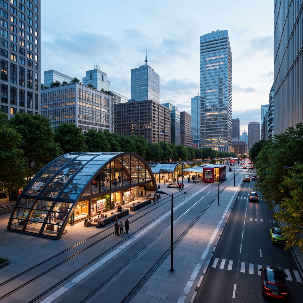 Prompt: Futuristic tram station, curved glass fa\u00e7ade, dynamic LED lighting, sleek metal frames, cantilevered roofs, green walls, urban landscape, busy streets, modern architecture, angular lines, minimalist design, sustainable energy solutions, solar panels, wind turbines, water conservation systems, eco-friendly materials, innovative cooling technologies, shaded outdoor spaces, misting systems, vibrant colorful textiles, intricate geometric motifs, panoramic view, realistic textures, ambient occlusion.