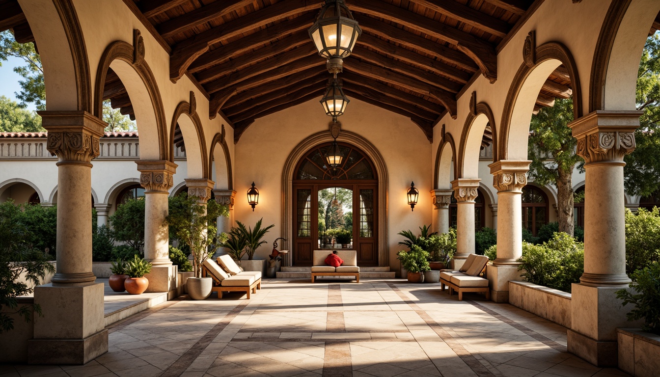 Prompt: Renaissance-style visitor center, ornate facade, grand entrance, arched windows, rustic stone walls, terracotta roof tiles, classical columns, intricate carvings, ornamental details, warm earthy tones, natural stone flooring, wooden accents, vintage lanterns, soft warm lighting, shallow depth of field, 1/2 composition, symmetrical framing, realistic textures, ambient occlusion.