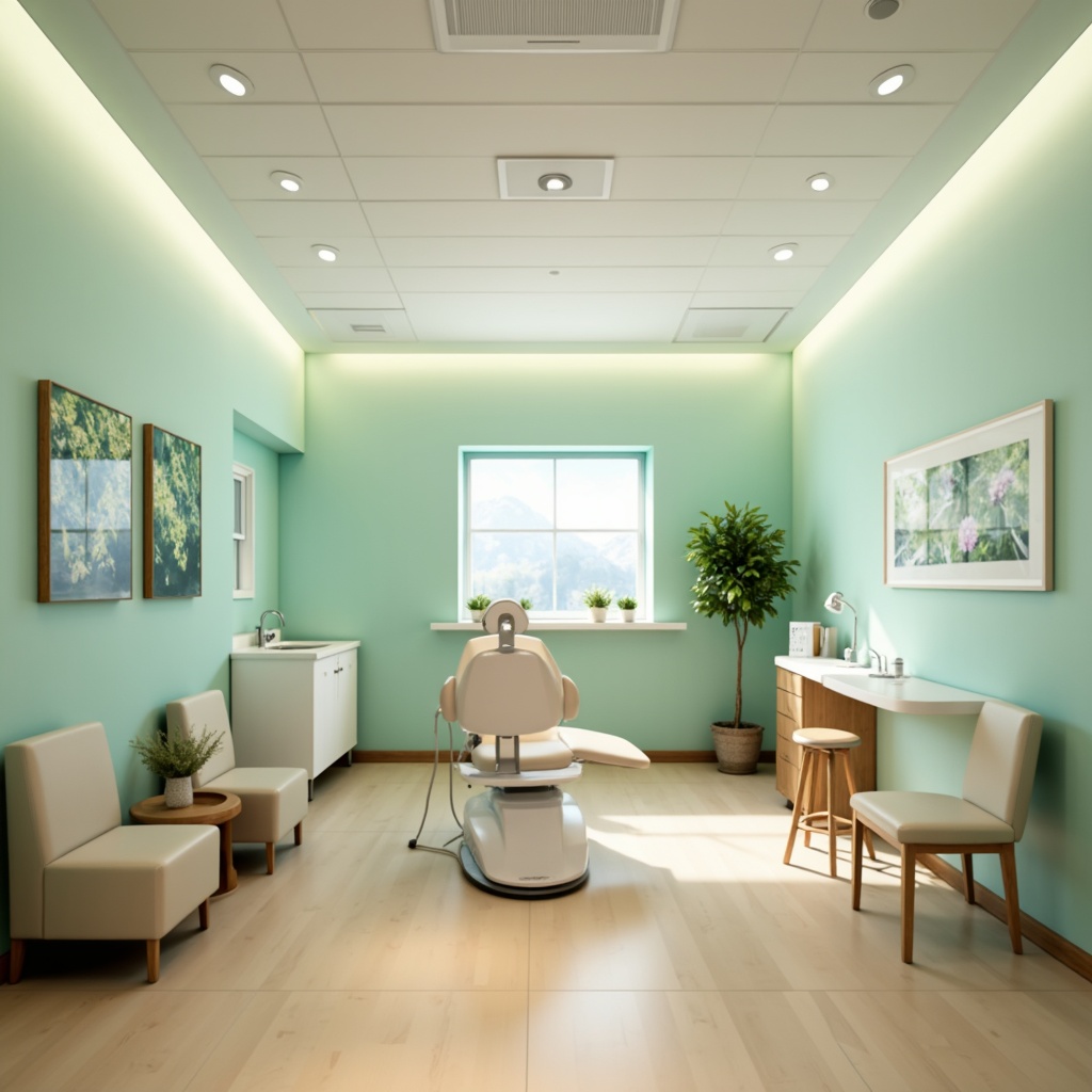 Prompt: Calming dental clinic, soft mint green walls, creamy white furniture, warm beige floors, gentle blue accents, soothing ambient lighting, natural wood textures, minimalist decor, modern sleek equipment, sterile stainless steel surfaces, comfortable patient chairs, calming nature-inspired artwork, serene waiting area, peaceful atmosphere, shallow depth of field, 1/1 composition, realistic renderings, subtle gradient effects.