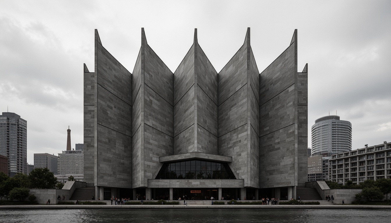 Prompt: Rugged concert house facade, brutalist architecture style, raw concrete textures, fortress-like structure, asymmetrical composition, dramatic cantilevered roofs, industrial metal accents, minimalist ornamentation, bold geometric forms, monochromatic color scheme, urban cityscape background, cloudy overcast sky, high-contrast lighting, deep shadows, 1/2 composition, cinematic camera angle, gritty realistic rendering.