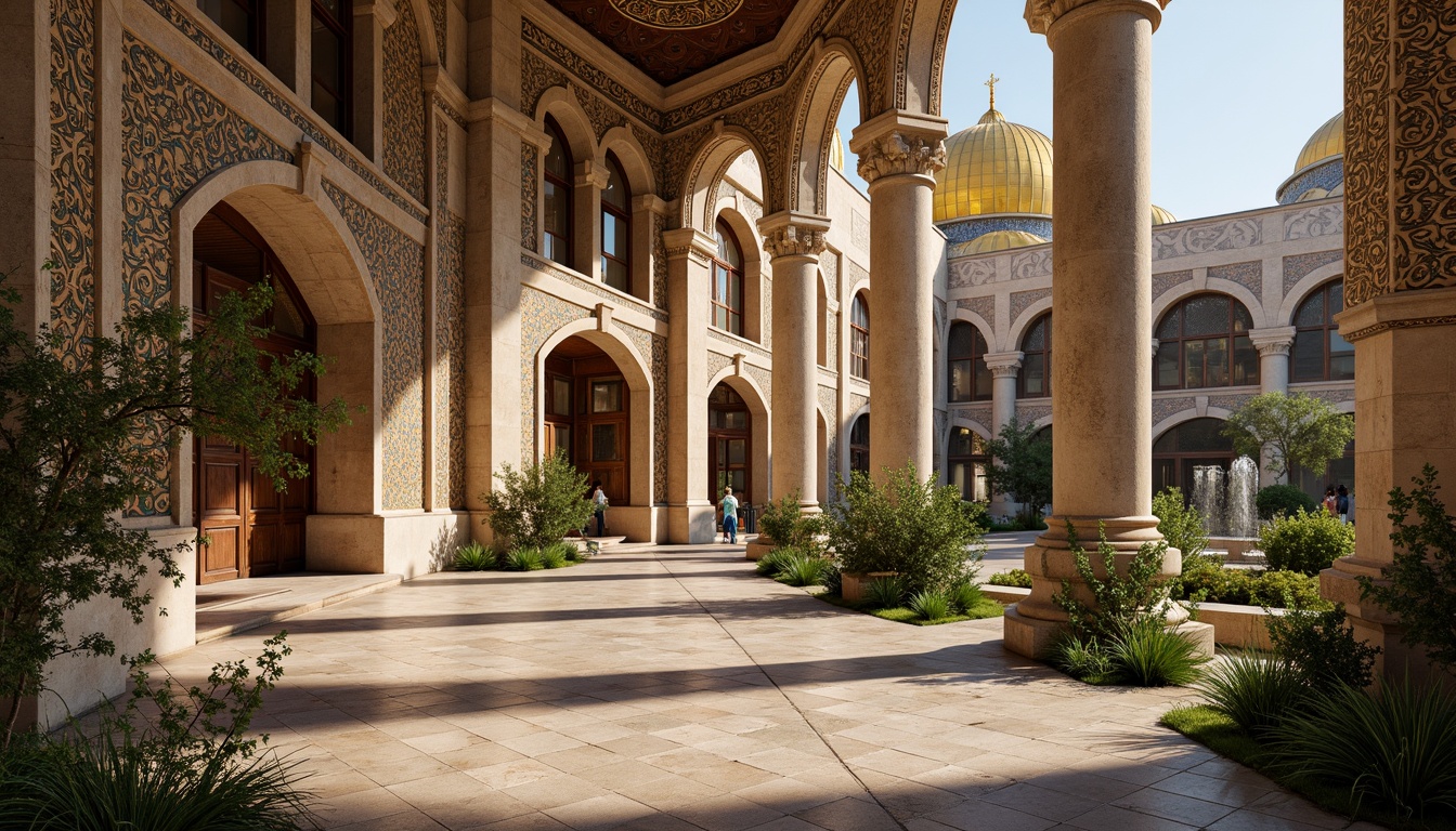 Prompt: Intricate stone carvings, ornate golden domes, majestic archways, grand entrance gates, rustic wooden doors, vibrant mosaic patterns, richly textured stonework, Byzantine-inspired frescoes, serene courtyard gardens, tranquil fountain features, soft warm lighting, shallow depth of field, 3/4 composition, panoramic view, realistic textures, ambient occlusion.