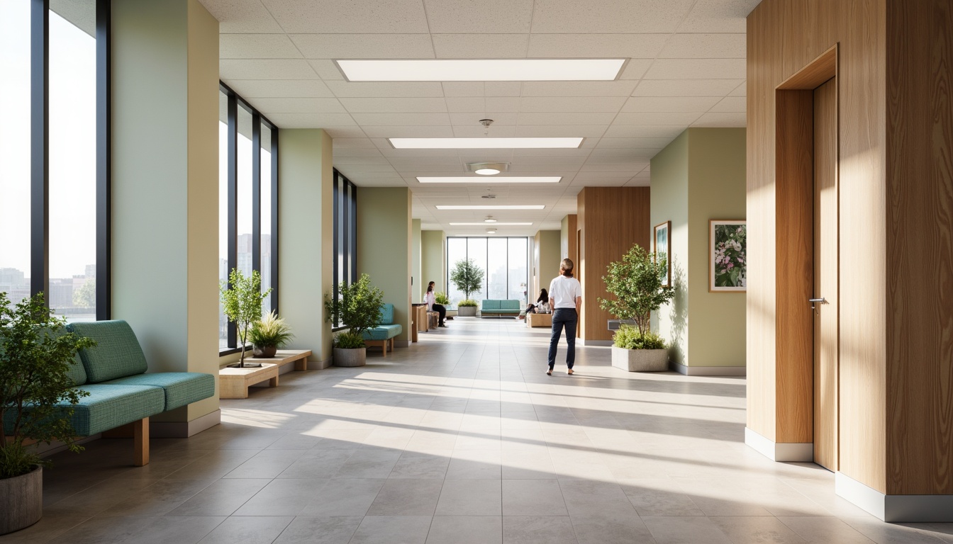 Prompt: Soothing hospital corridors, calming color schemes, natural wood accents, comfortable waiting areas, ergonomic seating, gentle lighting, acoustic panels, minimalist decor, functional nurse stations, private patient rooms, large windows, abundant natural light, soft flooring, warm textures, peaceful artwork, serene atmosphere, shallow depth of field, 1/1 composition, realistic renderings, ambient occlusion.