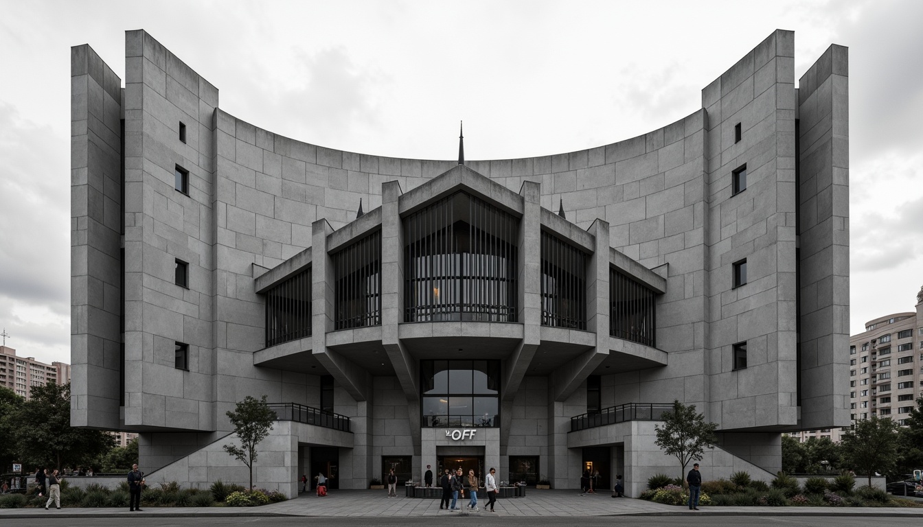 Prompt: Rugged concert house facade, brutalist architecture style, raw concrete textures, fortress-like structure, asymmetrical composition, dramatic cantilevered roofs, industrial metal accents, minimalist ornamentation, bold geometric forms, monochromatic color scheme, urban cityscape background, cloudy overcast sky, high-contrast lighting, deep shadows, 1/2 composition, cinematic camera angle, gritty realistic rendering.