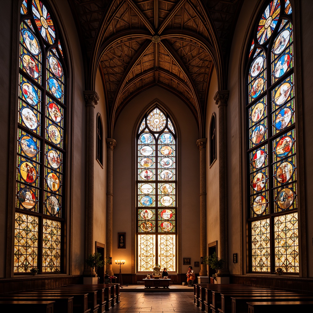 Prompt: Vibrant stained glass windows, rich jewel-toned mosaics, warm golden lighting, ornate intricate patterns, grandiose cathedral ceilings, modern minimalist chapels, sleek metal accents, sacred geometric symbols, bold contrasting colors, dramatic shadows, soft ambient illumination, 1/1 composition, symmetrical framing, realistic textures, subtle atmospheric effects.