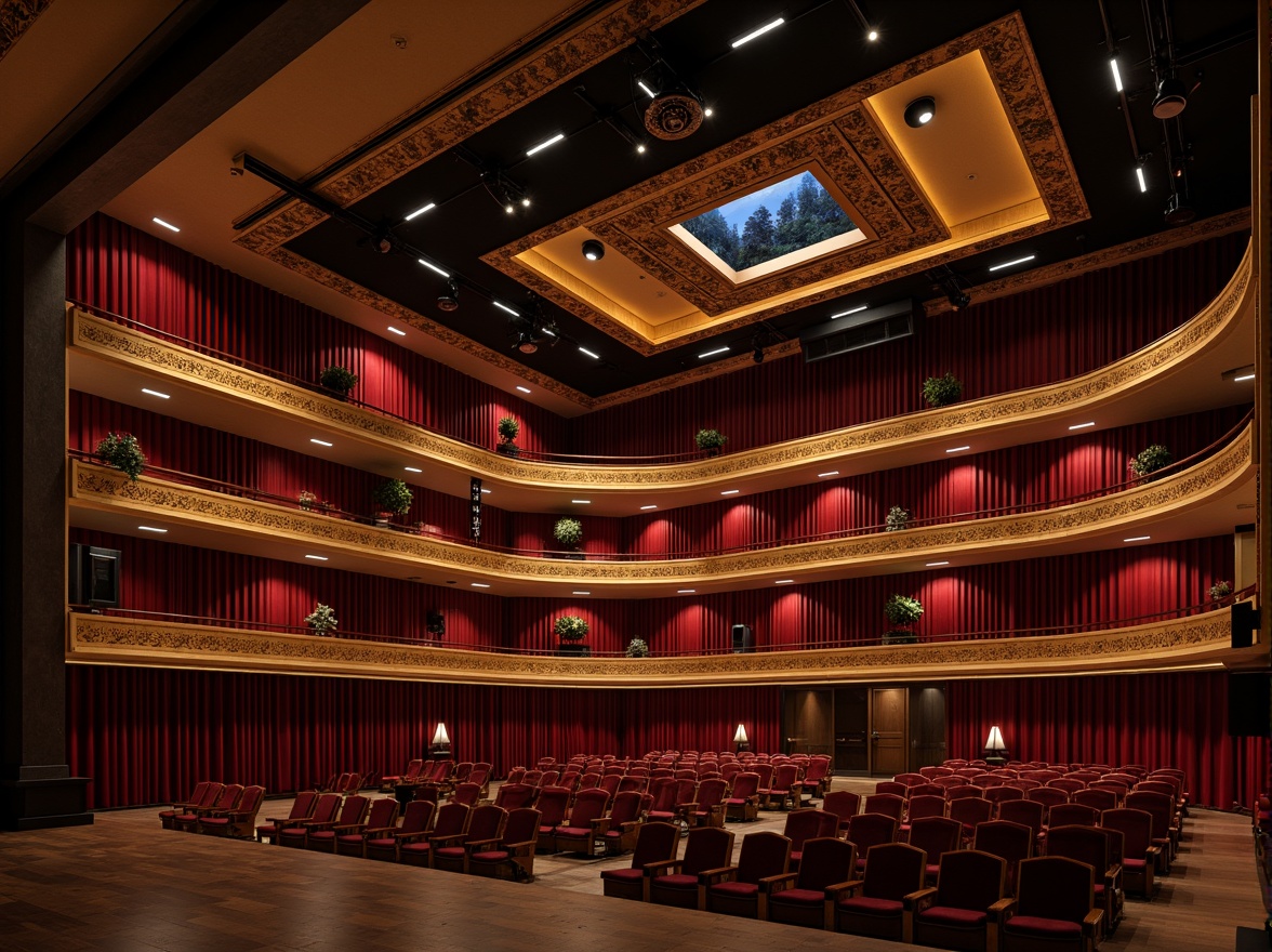 Prompt: Luxurious theater interior, ornate balconies, velvet curtains, golden accents, state-of-the-art sound systems, sleek speaker arrays, acoustic panels, reverberation-enhancing materials, tiered seating, intimate performance spaces, dramatic lighting designs, warm ambient glow, 1/1 composition, shallow depth of field, realistic textures, ambient occlusion.