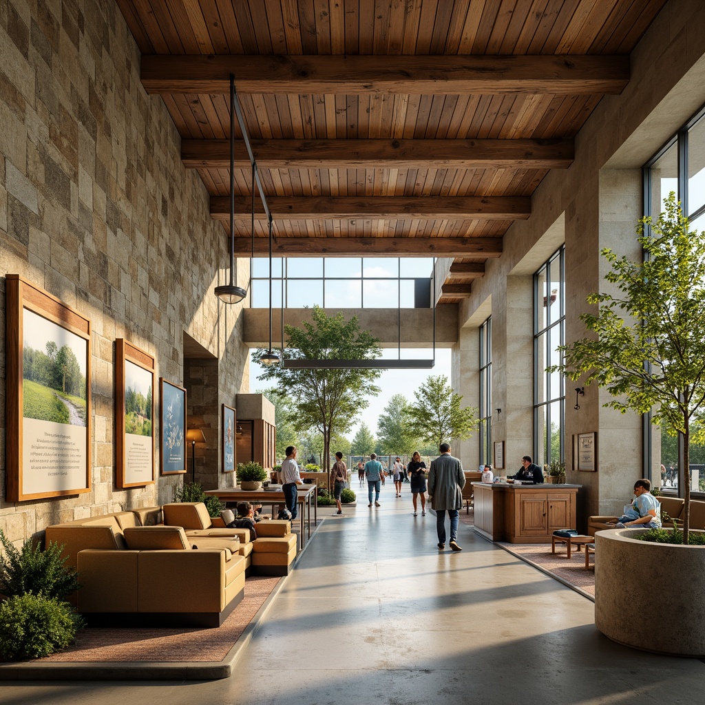 Prompt: Earthy visitor center, natural stone walls, wooden accents, warm beige tones, soft sage greens, calming blues, rustic metal fixtures, reclaimed wood furniture, organic textures, nature-inspired patterns, botanical illustrations, educational signage, interactive exhibits, floor-to-ceiling windows, abundant natural light, warm ambient lighting, shallow depth of field, 2/3 composition, realistic renderings, subtle atmospheric effects.