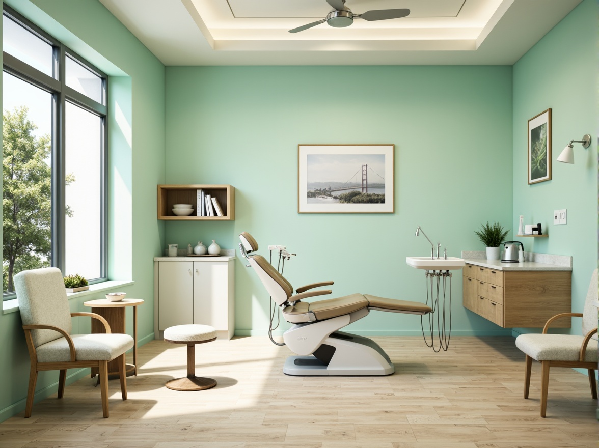 Prompt: Calming dental clinic, soft mint green walls, creamy white furniture, warm beige floors, gentle blue accents, soothing ambient lighting, natural wood textures, minimalist decor, modern sleek equipment, sterile stainless steel surfaces, comfortable patient chairs, calming nature-inspired artwork, serene waiting area, peaceful atmosphere, shallow depth of field, 1/1 composition, realistic renderings, subtle gradient effects.