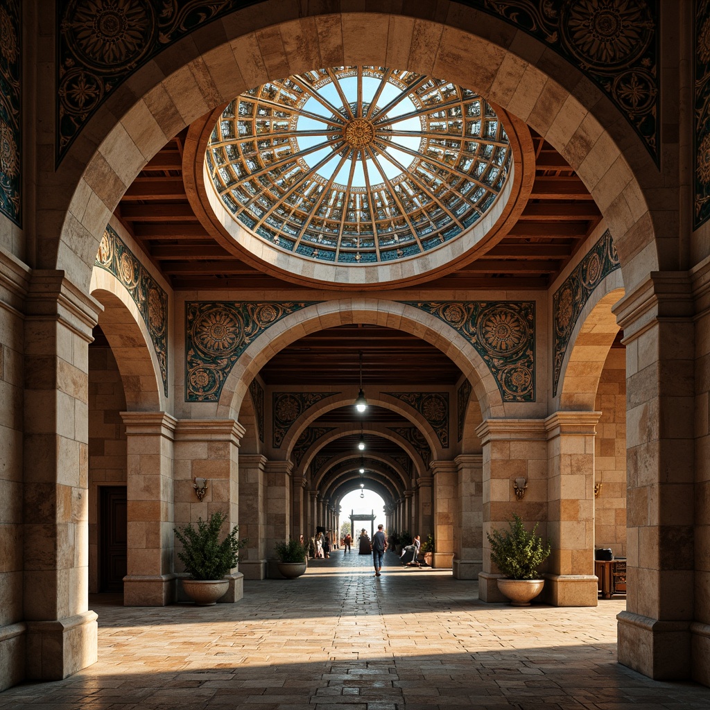 Prompt: Intricate stone carvings, ornate domes, grand archways, vibrant mosaics, golden accents, rustic terracotta tiles, weathered copper roofing, aged stone walls, mystical ambiance, soft warm lighting, dramatic shadows, 1/1 composition, low-angle shot, realistic textures, ambient occlusion.