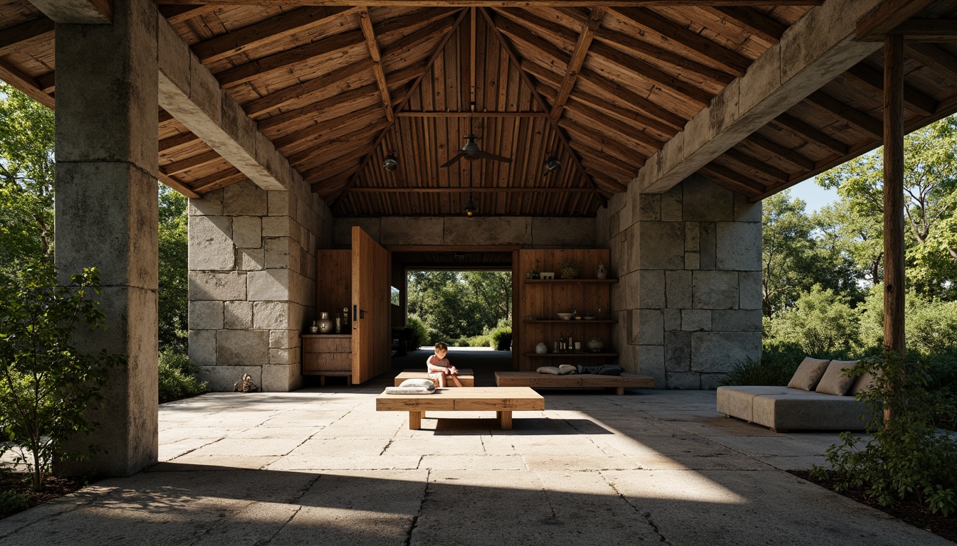 Prompt: Rugged pavilion, brutalist architecture, rough-hewn stone walls, exposed concrete columns, weathered wooden accents, industrial metal beams, distressed finishes, tactile roughness, organic natural forms, earthy color palette, moss-covered surfaces, overgrown vegetation, dramatic shadows, high-contrast lighting, cinematic atmosphere, 1/2 composition, low-angle shot, gritty realistic textures, ambient occlusion.