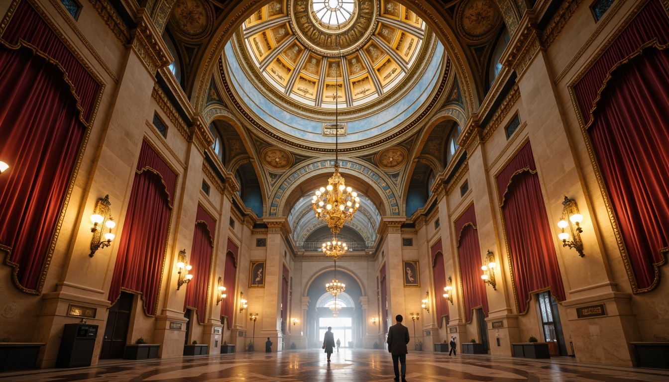 Prompt: Golden domes, intricate mosaics, richly ornamented walls, warm beige stone, ornate frescoes, vibrant blue ceilings, gilded accents, luxurious velvet drapes, ornamental lanterns, majestic archways, grandiose chandeliers, soft candlelight, atmospheric fog, mystical ambiance, 1/2 composition, low-angle shot, dramatic shadows, realistic textures, ambient occlusion.