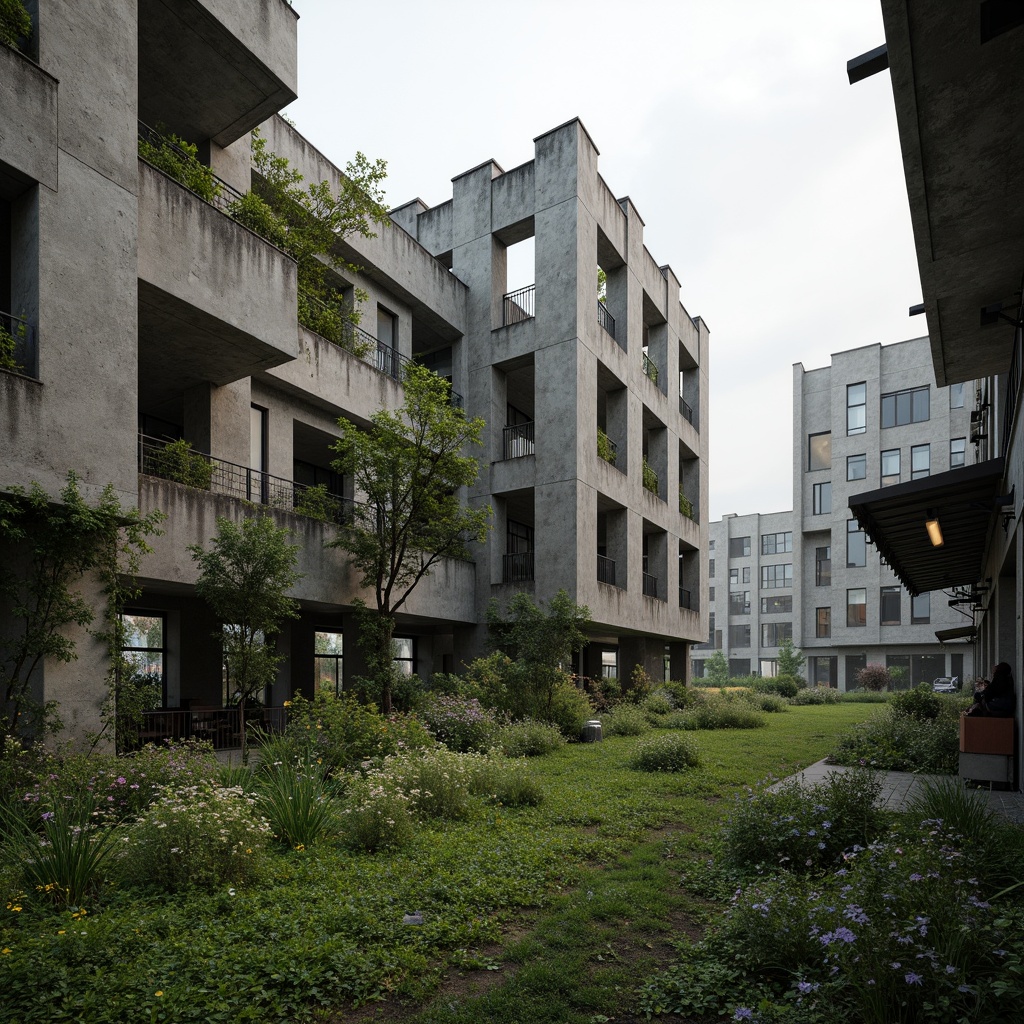 Prompt: Rugged brutalist buildings, raw concrete textures, fortress-like structures, overgrown vegetation, wildflowers, moss-covered walls, industrial landscapes, abandoned factories, crumbling infrastructure, distressed metal accents, exposed ductwork, brutalist sculptures, harsh natural lighting, dramatic shadows, 3/4 composition, low-angle shot, gritty realistic renderings, ambient occlusion.