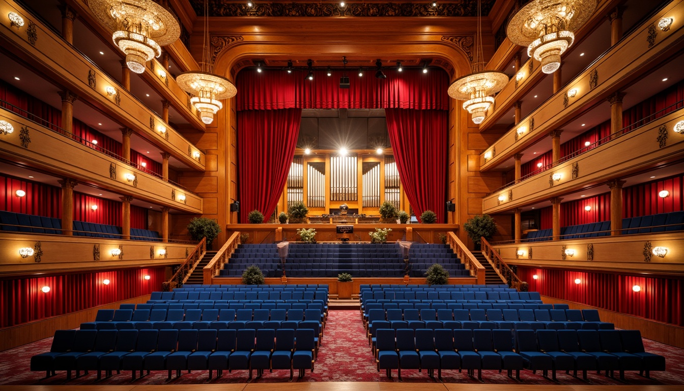 Prompt: Vibrant concert hall, rich wood tones, warm golden lighting, bold red accents, deep blue seats, polished metal fixtures, luxurious velvet curtains, ornate chandeliers, grand staircase, opulent balconies, lavish box seats, dramatic spotlights, soft warm glow, shallow depth of field, 1/1 composition, realistic textures, ambient occlusion.