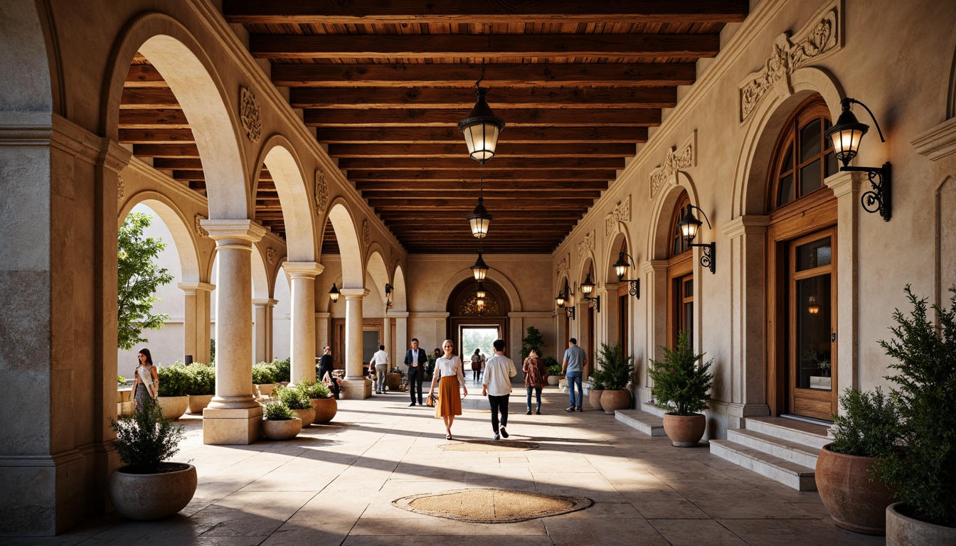 Prompt: Renaissance-style visitor center, ornate facade, grand entrance, arched windows, rustic stone walls, terracotta roof tiles, classical columns, intricate carvings, ornamental details, warm earthy tones, natural stone flooring, wooden accents, vintage lanterns, soft warm lighting, shallow depth of field, 1/2 composition, symmetrical framing, realistic textures, ambient occlusion.