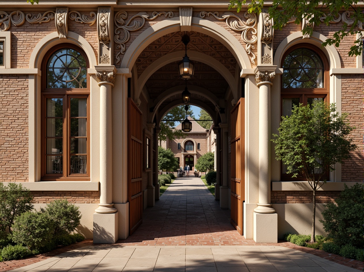 Prompt: Intricate stone carvings, ornate wooden frames, stained glass windows, arched openings, grand entranceways, symmetrical facades, classical proportions, rustic brick walls, terra cotta decorations, ornamental metalwork, gilded accents, subtle color palette, soft natural lighting, warm afternoon sunbeams, shallow depth of field, 1/2 composition, realistic textures, ambient occlusion.