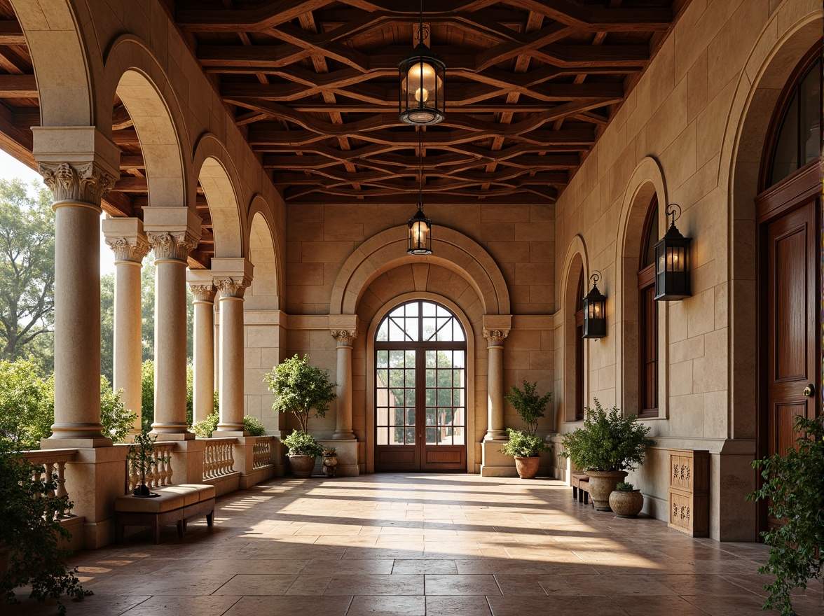 Prompt: Renaissance-style visitor center, ornate facade, grand entrance, arched windows, rustic stone walls, terracotta roof tiles, classical columns, intricate carvings, ornamental details, warm earthy tones, natural stone flooring, wooden accents, vintage lanterns, soft warm lighting, shallow depth of field, 1/2 composition, symmetrical framing, realistic textures, ambient occlusion.