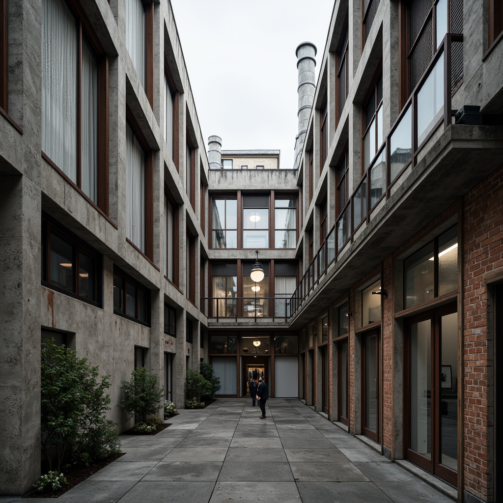 Prompt: Rough concrete walls, exposed ductwork, industrial metal beams, raw brick facades, distressed wood accents, brutalist fortress-like structures, rugged stone foundations, cold steel railings, minimalist ornamentation, functional simplicity, urban cityscape, overcast skies, dramatic shadows, high-contrast lighting, 1/1 composition, symmetrical framing, realistic material textures, ambient occlusion.