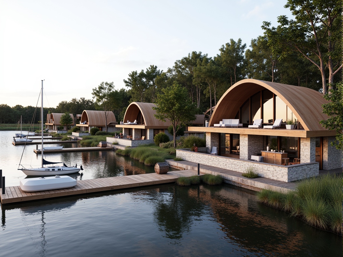 Prompt: Waterfront location, serene lake views, wooden dock, sailboats, curvilinear rooflines, undulating fa\u00e7ades, nautical-themed decorations, rustic wood accents, natural stone foundations, glass-enclosed living areas, modern minimalist interiors, soft warm lighting, shallow depth of field, 1/1 composition, realistic water reflections, ambient occlusion, organic shapes, fluid lines, dynamic forms, harmonious proportions.