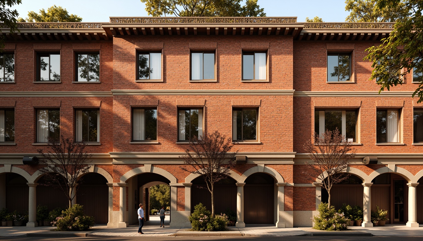 Prompt: Renaissance-style building facade, ornate brick patterns, rustic red brick walls, arched windows, classical columns, ornamental cornices, grand entranceways, symmetrical composition, warm golden lighting, shallow depth of field, 1/1 aspect ratio, realistic textures, ambient occlusion.