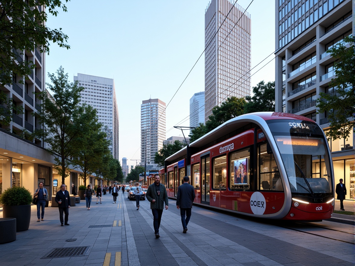 Prompt: Futuristic tram station, curved glass fa\u00e7ade, dynamic LED lighting, sleek metal frames, cantilevered roofs, green walls, urban landscape, bustling city streets, morning commute, soft natural light, shallow depth of field, 1/1 composition, realistic reflections, ambient occlusion, modern architecture, sustainable materials, energy-efficient systems, public art installations, vibrant colorful patterns, intricate geometric motifs.