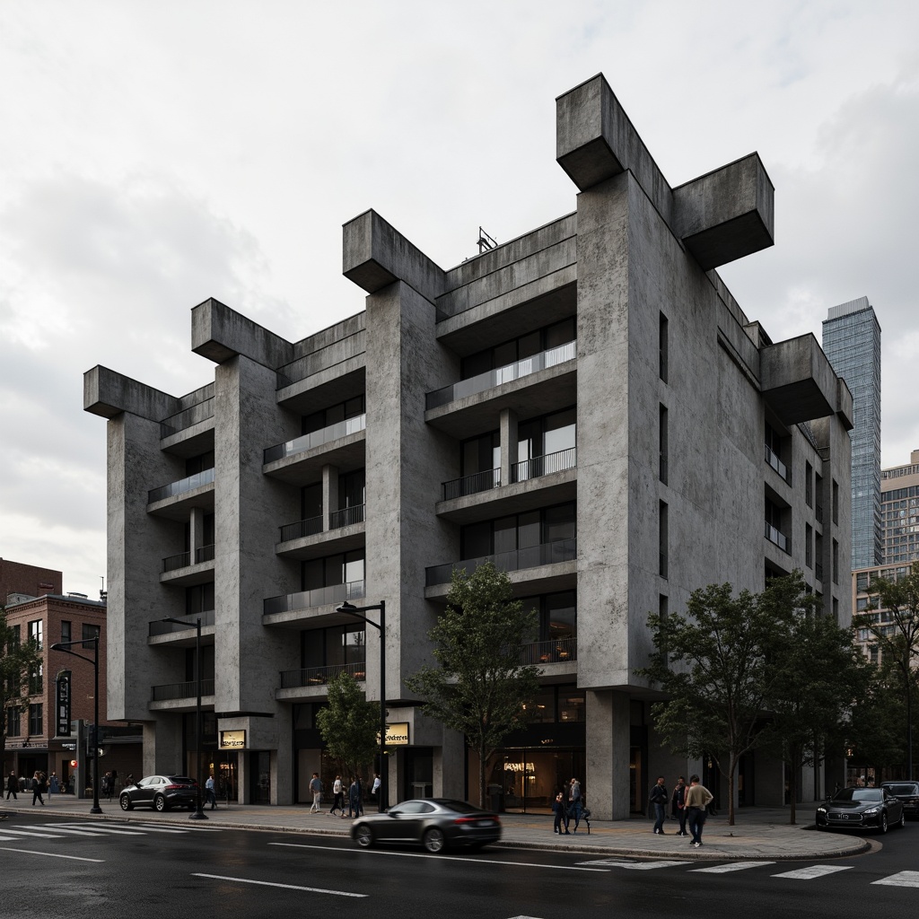 Prompt: Rugged concert house facade, brutalist architecture style, raw concrete textures, fortress-like structure, asymmetrical composition, dramatic cantilevered roofs, industrial metal accents, minimalist ornamentation, bold geometric forms, monochromatic color scheme, urban cityscape background, cloudy overcast sky, high-contrast lighting, deep shadows, 1/2 composition, cinematic camera angle, gritty realistic rendering.