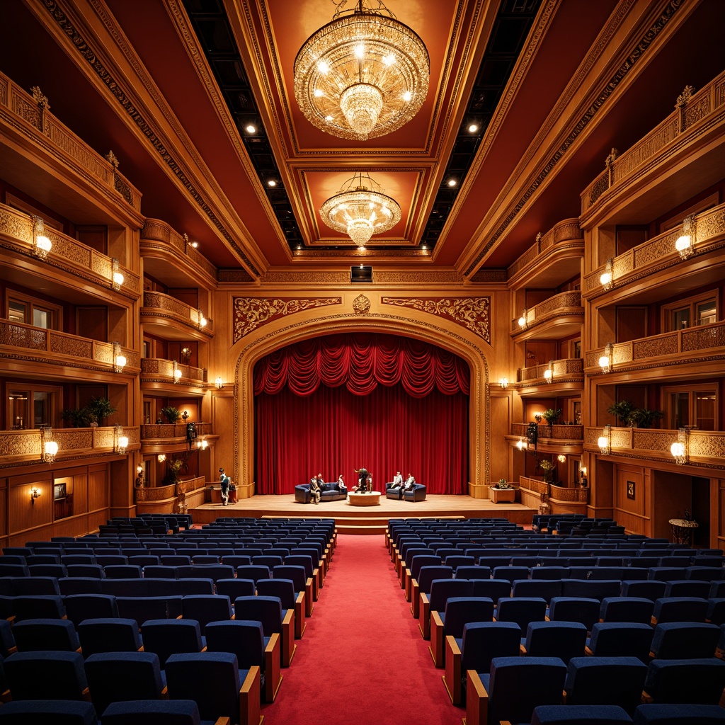 Prompt: Vibrant concert hall, rich wood tones, warm golden lighting, bold red accents, deep blue seats, polished metal fixtures, luxurious velvet curtains, ornate chandeliers, grand staircase, opulent balconies, lavish box seats, dramatic spotlights, soft warm glow, shallow depth of field, 1/1 composition, realistic textures, ambient occlusion.