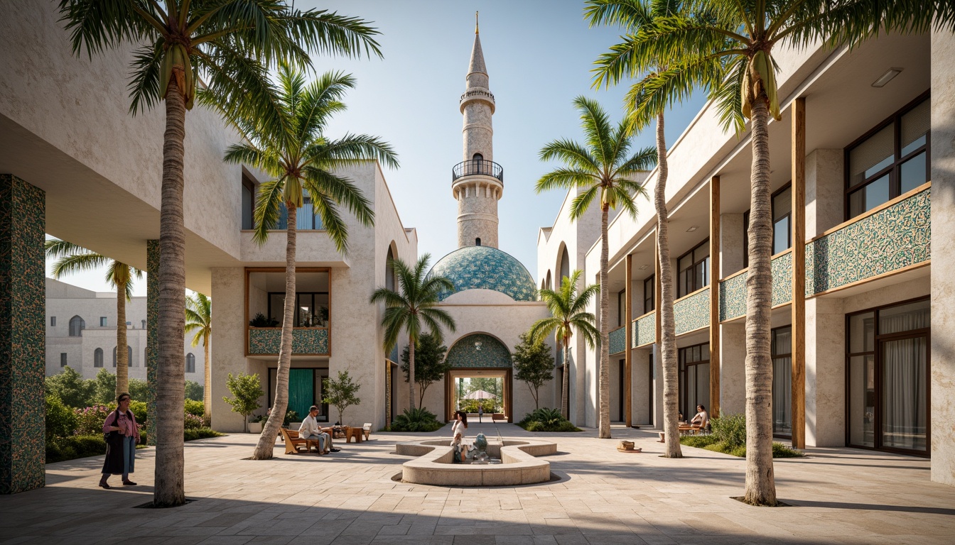 Prompt: Minaret, grand dome, intricate arches, ornate columns, Islamic-inspired patterns, geometric motifs, vibrant turquoise tiles, golden accents, natural stone walls, modern minimalist fa\u00e7ade, clean lines, rectangular windows, asymmetrical composition, dramatic shadows, warm soft lighting, shallow depth of field, 1/1 composition, realistic textures, ambient occlusion.