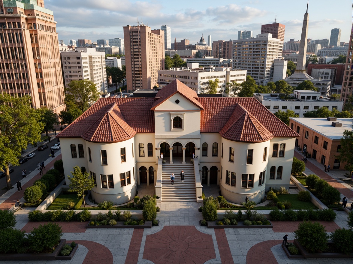 Prompt: Historic high school building, Renaissance-style architecture, ornate facades, grand entrance halls, sweeping staircases, wooden paneling, vintage chandeliers, urban cityscape, bustling streets, modern skyscrapers, green roofs, rooftop gardens, natural stone walls, brick paving, pedestrian walkways, street lamps, afternoon sunlight, soft warm lighting, shallow depth of field, 3/4 composition, realistic textures, ambient occlusion.