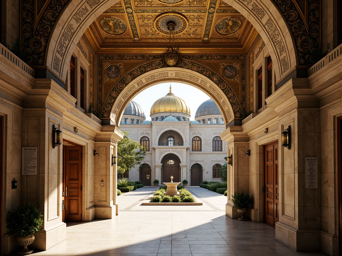 Prompt: Intricate stone carvings, ornate golden domes, majestic archways, grand entrance gates, rustic wooden doors, vibrant mosaic patterns, richly textured stonework, Byzantine-inspired frescoes, serene courtyard gardens, tranquil fountain features, soft warm lighting, shallow depth of field, 3/4 composition, panoramic view, realistic textures, ambient occlusion.